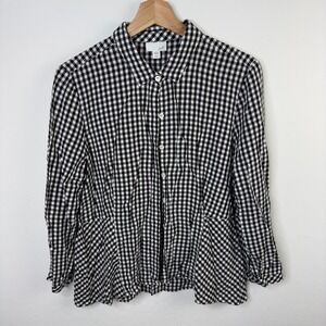 J.Jill Button Down Shirt blouse Black White Plaid Flanel Size L‎ 3/4 sleeve